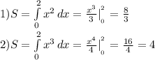 1)S= \int\limits^2_0 {x^2} \, dx =\frac{x^3}{3}|^{^{2}}_{_{_{0}}}=\frac{8}{3}
\\2)S= \int\limits^2_0 {x^3} \, dx =\frac{x^4}{4}|^{^{2}}_{_{_{0}}}=\frac{16}{4}=4