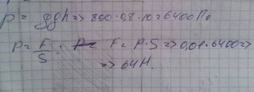 Дано: p(плотность)=800 h=80 см=0,8 м. s=100 см2=0,01 м2 g=10 н/кг найти: p(давление)=? f=?