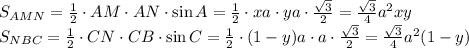 S_{AMN}= \frac{1}{2} \cdot AM\cdot AN\cdot \sin A=\frac{1}{2} \cdot xa \cdot ya \cdot \frac{ \sqrt{3} }{2} =\frac{ \sqrt{3} }{4}a^2xy
\\\
S_{NBC}= \frac{1}{2} \cdot CN \cdot CB \cdot \sin C=\frac{1}{2} \cdot (1-y)a\cdot a \cdot \frac{ \sqrt{3} }{2} =\frac{ \sqrt{3} }{4}a^2(1-y)
