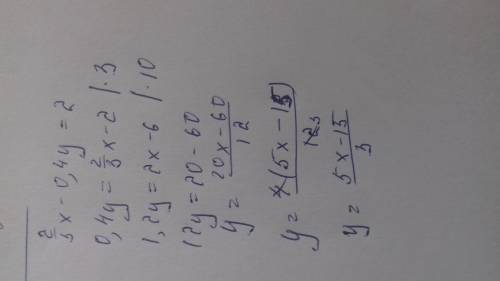 Дано уравнение 2/3х-0,4у=2. нужно выразить у через x