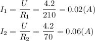 \displaystyle I_1= \frac{U}{R_1}= \frac{4.2}{210}=0.02 (A) \\ \\ 
 I_2= \frac{U}{R_2}= \frac{4.2}{70}=0.06 (A)