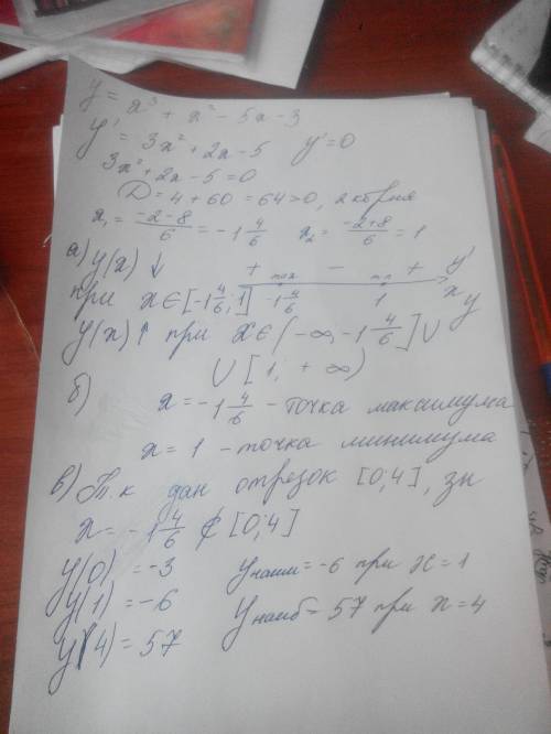 Дана функция у=х^3+х^2-5х-3.найдите а)промежутки возрастания и убывания функции; б)точки экстремума;