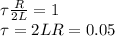 \tau\frac{R}{2L} = 1\\
\tau = {2L}{R}= 0.05