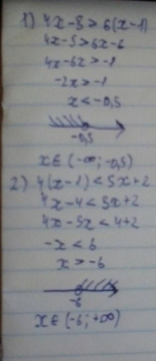 Решите линейные неравенства за 6 класс . 1)4х-5> 6(х-1) 2)4(х-1)< 5х+2