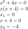 x^2+4x=0\\
x(x+4)=0\\
x_1=0\\
x+4=0\\
x_2=-4