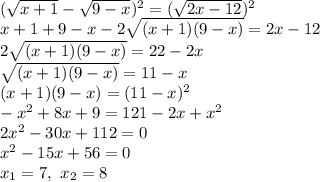 ( \sqrt{x+1} - \sqrt{9-x} )^2=( \sqrt{2x-12} )^2\\
x+1+9-x-2 \sqrt{(x+1)(9-x)} =2x-12\\
2 \sqrt{(x+1)(9-x)} =22-2x\\ \sqrt{(x+1)(9-x)} =11-x\\
(x+1)(9-x)=(11-x)^2\\ -x^2+8x+9=121-2x+x^2\\ 2x^2-30x+112=0\\ x^2-15x+56=0\\x_1=7,\ x_2=8