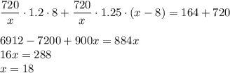 \displaystyle
\frac{720}{x}\cdot1.2\cdot8+\frac{720}{x}\cdot1.25\cdot(x-8) = 164+720\\\\
6912 - 7200+ 900x = 884x\\
16x = 288\\
x = 18