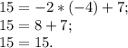 15=-2*(-4)+7; \\ 
15=8+7; \\ 
15=15.