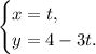 \begin{cases}x=t,\\
y=4-3t.\end{cases}