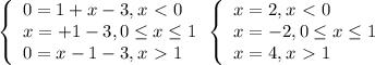 \left\{\begin{array}{l} 0=1+x-3, x\ \textless \ 0 \\ x=+1-3,0 \leq x \leq 1 \\ 0=x-1-3,x\ \textgreater \ 1 \end{array} \\ \left\{\begin{array}{l} x=2, x\ \textless \ 0 \\ x=-2,0 \leq x \leq 1 \\ x=4,x\ \textgreater \ 1 \end{array}