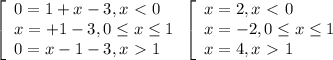 \left[\begin{array}{l} 0=1+x-3, x\ \textless \ 0 \\ x=+1-3,0 \leq x \leq 1 \\ 0=x-1-3,x\ \textgreater \ 1 \end{array} \\ \left[\begin{array}{l} x=2, x\ \textless \ 0 \\ x=-2,0 \leq x \leq 1 \\ x=4,x\ \textgreater \ 1 \end{array}