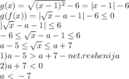 g(x) = \sqrt{(x-1)^2} -6=|x-1|-6\\
g(f(x)) = | \sqrt{x} -a-1|-6 \leq 0\\
 | \sqrt{x} -a-1| \leq 6\\
-6 \leq \sqrt{x} -a-1 \leq 6\\
a-5 \leq \sqrt{x} \leq a+7\\
1)a-5\ \textgreater \ a+7-net.reshenija\\
2)a+7\ \textless \ 0\\
a\ \textless \ -7

