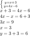 \left \{ {{y=x+3} \atop {y=4x-6}} \right. 
\\x+3=4x-6
\\4x-x=6+3
\\3x=9
\\x=3
\\y=3+3=6