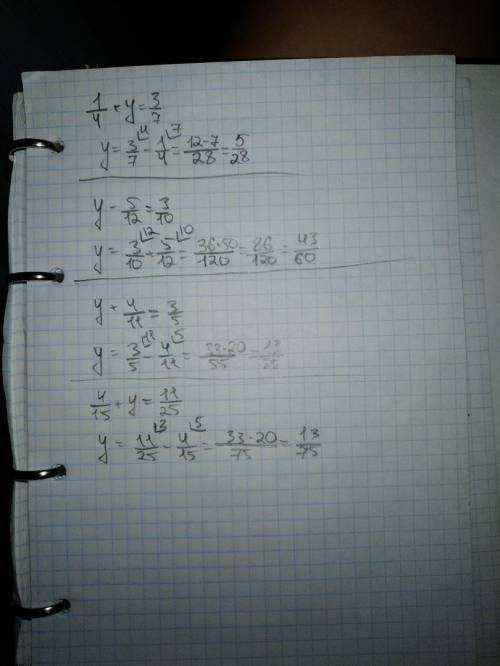 Найдите корни уравнений 1) 1/4+y=3/7 2)y-5/12=3/10 3)y+4/11=3/5 4)4/15+y=11/25