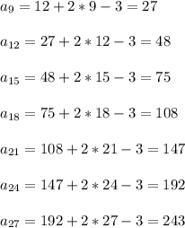a_{9} = 12 + 2*9 - 3 =27 \\ \\ a_{12} = 27 + 2*12 - 3 =48 \\ \\ a_{15} =
48 + 2*15 - 3 =75 \\ \\ a_{18} = 75 + 2*18 - 3 =108 \\ \\ a_{21} = 108 + 2*21 -
3 =147 \\ \\ a_{24} = 147 + 2*24 - 3 =192 \\ \\ a_{27} = 192 + 2*27 - 3
=243