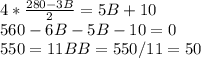 4* \frac{280-3B}{2} = 5B + 10 \\
560-6B-5B-10=0\\
550=11B
B=550/11 = 50
