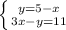 \left \{ {{y=5-x} \atop {3x-y=11}} \right. 
