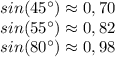 sin(45^{\circ})\approx0,70
\\sin(55^{\circ})\approx 0,82
\\sin(80^{\circ})\approx 0,98