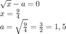 \sqrt{x}-a=0
\\x=\frac{9}{4}
\\a=\sqrt{\frac{9}{4}}= \frac{3}{2} =1,5