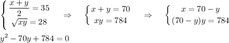 \displaystyle \left \{ {{\dfrac{x+y}{2}=35} \atop {\sqrt{xy}=28}} \right. ~~~\Rightarrow~~~\left \{ {{x+y=70} \atop {xy=784}} \right. ~~~\Rightarrow~~~\left \{ {{x=70-y} \atop {(70-y)y=784}} \right. \\ \\ y^2-70y+784=0