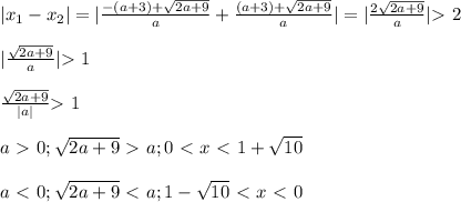 |x_1 - x_2| = |\frac{-(a+3) + \sqrt{2a+9} }{a} + \frac{(a+3) + \sqrt{2a+9} }{a}| = | \frac{2\sqrt{2a+9} }{a}| \textgreater \ 2 \\ \\ |\frac{\sqrt{2a+9}}{a} | \textgreater \ 1 \\ \\ \frac{\sqrt{2a+9}}{|a|} \textgreater \ 1 \\ \\ a\ \textgreater \ 0; \sqrt{2a+9} \ \textgreater \ a; 0 \ \textless \ x \ \textless \ 1+ \sqrt{10} \\ \\ a\ \textless \ 0; \sqrt{2a+9} \ \textless \ a; 1- \sqrt{10} \ \textless \ x \ \textless \ 0