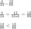 \frac{4}{33} ... \frac{12}{69} \\ \\ 
 \frac{4}{33} = \frac{12}{33*3} = \frac{12}{99} \\ \\ 
 \frac{12}{99} \ \textless \ \frac{12}{69}