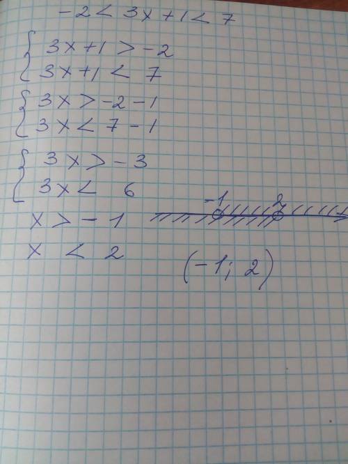 Решите двойное неравенство -2 меньше 3х+1 меньше 7 по ставлю лучшии ответ
