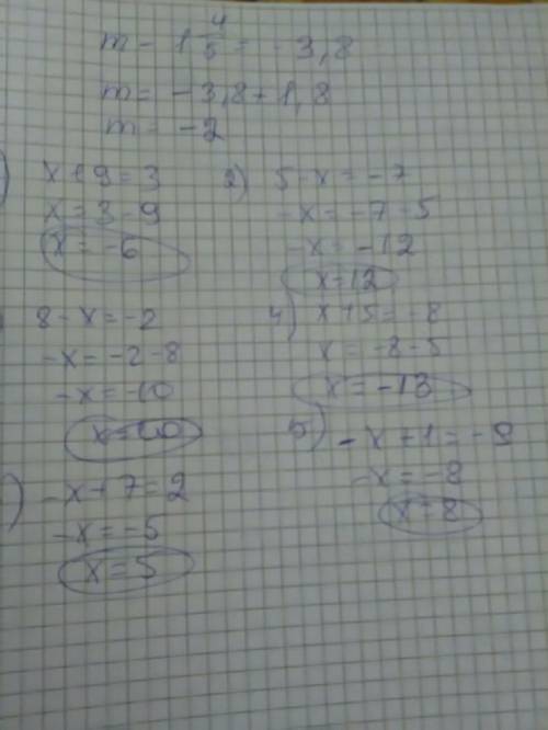 )ставлю 15 ! решите уравнения: а) х + 9 = 3; б) 5 – х = -7; в) 8 – х = -2; г) х - (-5) = -8; д) –х -