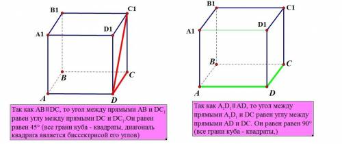 Постройте куб abcda1b1c1d1 и найдите углы между прямыми а)ab и dc1 б)a1d1 и dc