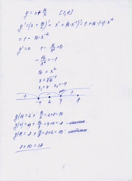 Найдите сумму наибольшего и наименьшего значений функции у=х+16/х на промежутке [2; 8]