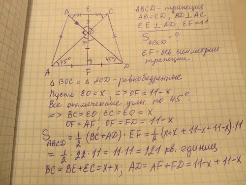 Диагональ равнобокой трапеции взаимно перпендекулярны. найдите площадь трапеции, если её высота равн