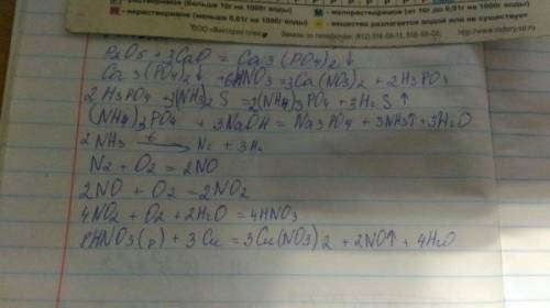 Цепочка реакций: p2o5-> ca3(po4)2-> h3po4-> (nh4)3po4-> nh3-> n2-> no-> no2-&gt