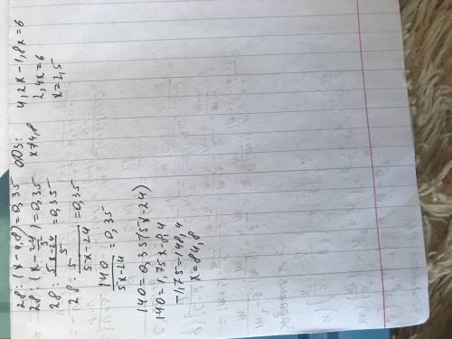 Решите уравнение: 28 : ( х - 4,8) = 0,35; 4,2х -1,8х =6