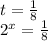 t= \frac{1}{8} 



 2^{x}= \frac{1}{8}