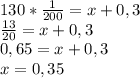130* \frac{1}{200}=x+0,3\\
 \frac{13}{20}=x+0,3\\
0,65=x+0,3\\
x=0,35 
 
