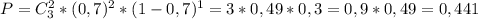 P=C_{3}^{2}*(0,7)^{2}*(1-0,7)^{1}=3*0,49*0,3=0,9*0,49=0,441
