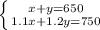 \left \{ {{x+y=650} \atop {1.1x+1.2y=750}} \right. 