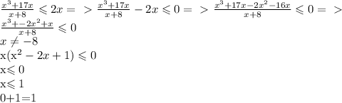 \frac{x^3+17x} {x+8} \leqslant 2x =\ \textgreater \ \frac{x^3+17x} {x+8}-2x \leqslant 0 =\ \textgreater \ \frac{x^3+17x-2x^2-16x} {x+8} \leqslant 0 =\ \textgreater \ \newline
\frac{x^3+-2x^2+x} {x+8} \leqslant 0\newline
x\not=-8

x(x^2-2x+1)\leqslant 0

x\leqslant 0 

x\leqslant 1

0+1=1