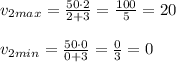 v_{2max}= \frac{50 \cdot 2}{2+3}= \frac{100}{5} =20 \\ \\ 
v_{2min}= \frac{50 \cdot 0}{0+3}= \frac{0}{3} =0