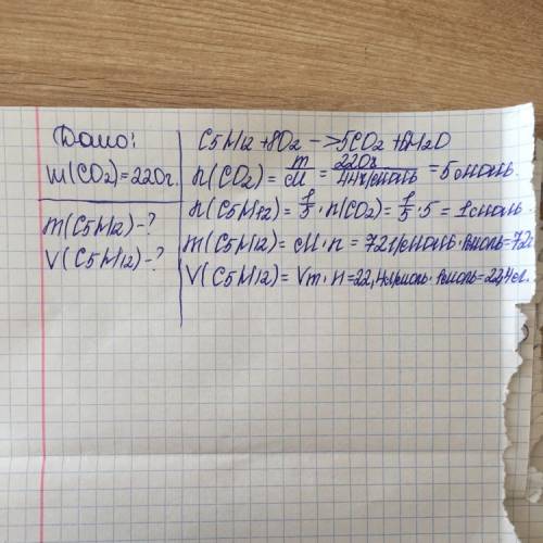 Определите массу и обьем исходимого углеводорода пентана,если при сгорании выделаеться углекислый га