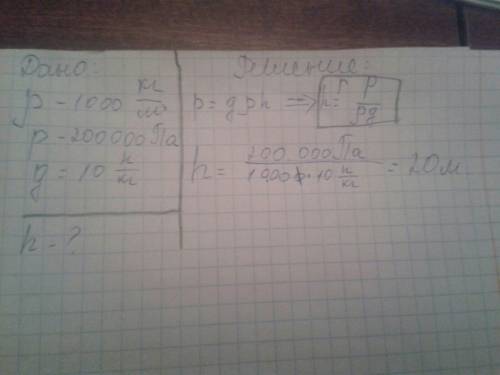 На какой глубине давление воды в озере (плотность 1000кг/м³) равно 200 кпа. g≈10h/кг