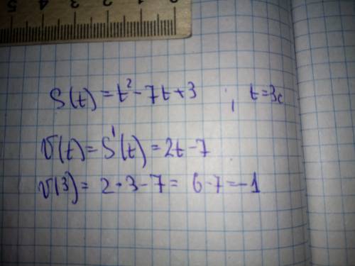 Тело движется по закону s(t)=t^2-7t+3. найдите скорость тела через 3 сек после начала движения.