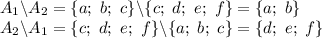 A_1\backslash A_2 =\{a; \ b; \ c\}\backslash\{c; \ d; \ e; \ f\}=\{a; \ b\} \\\ A_2\backslash A_1 =\{c; \ d; \ e; \ f\}\backslash\{a; \ b; \ c\}=\{d; \ e; \ f\}