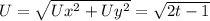 U=\sqrt{Ux_{} ^{2} +Uy_{} ^{2} } =\sqrt{2t-1}