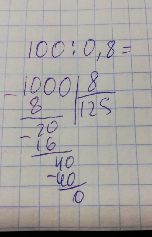 Пошагово объясните как решить пример 100: 0,8(должнл получится 125)