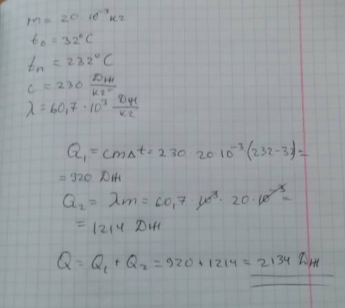 Какое количество теплоты понадобится, чтобы расплавитьолово массой 20 г, взятое при температуре 32 °