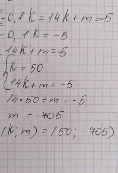 Реши систему уравнений {−0,1k=14k+m=−5 k= m=