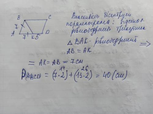 ІВ Бісектриса тупого кута паралелограма ділить його протилежну сторону на відрізки 5см і 7 см, рахую