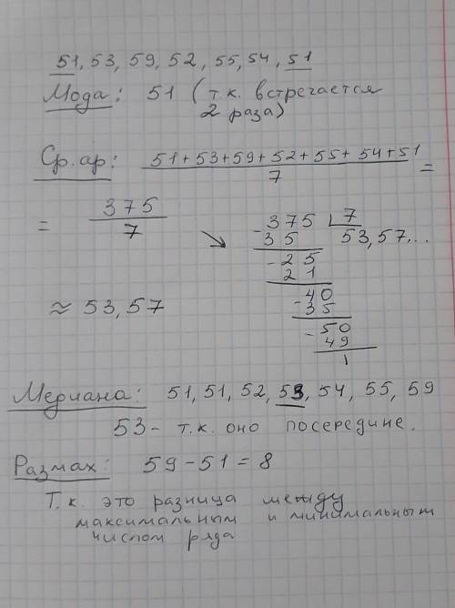 . Измеряя вес семи пришедших на урок учеников, учитель физкультуры получил ряд чисел:51; 53; 59; 52;