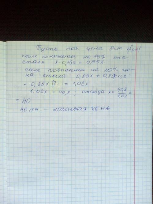 Ціна товару спочатку знизили на 15 %,а потім підвищили на 20 %У результаті товар став коштувати 40,8